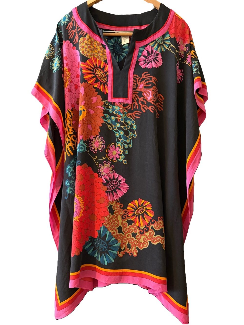 Trina Turk 100% Silk Floral Caftan Mini Dress Swim Cover Up